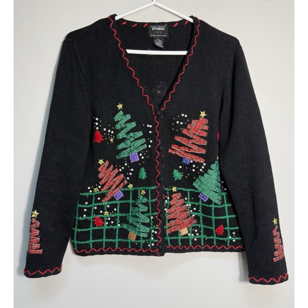 STUDIO JOY Christmas Cardigan Trees Black Womens Large Petite Holiday